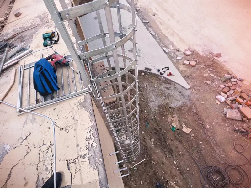 Cat ladder with safety cage configuration