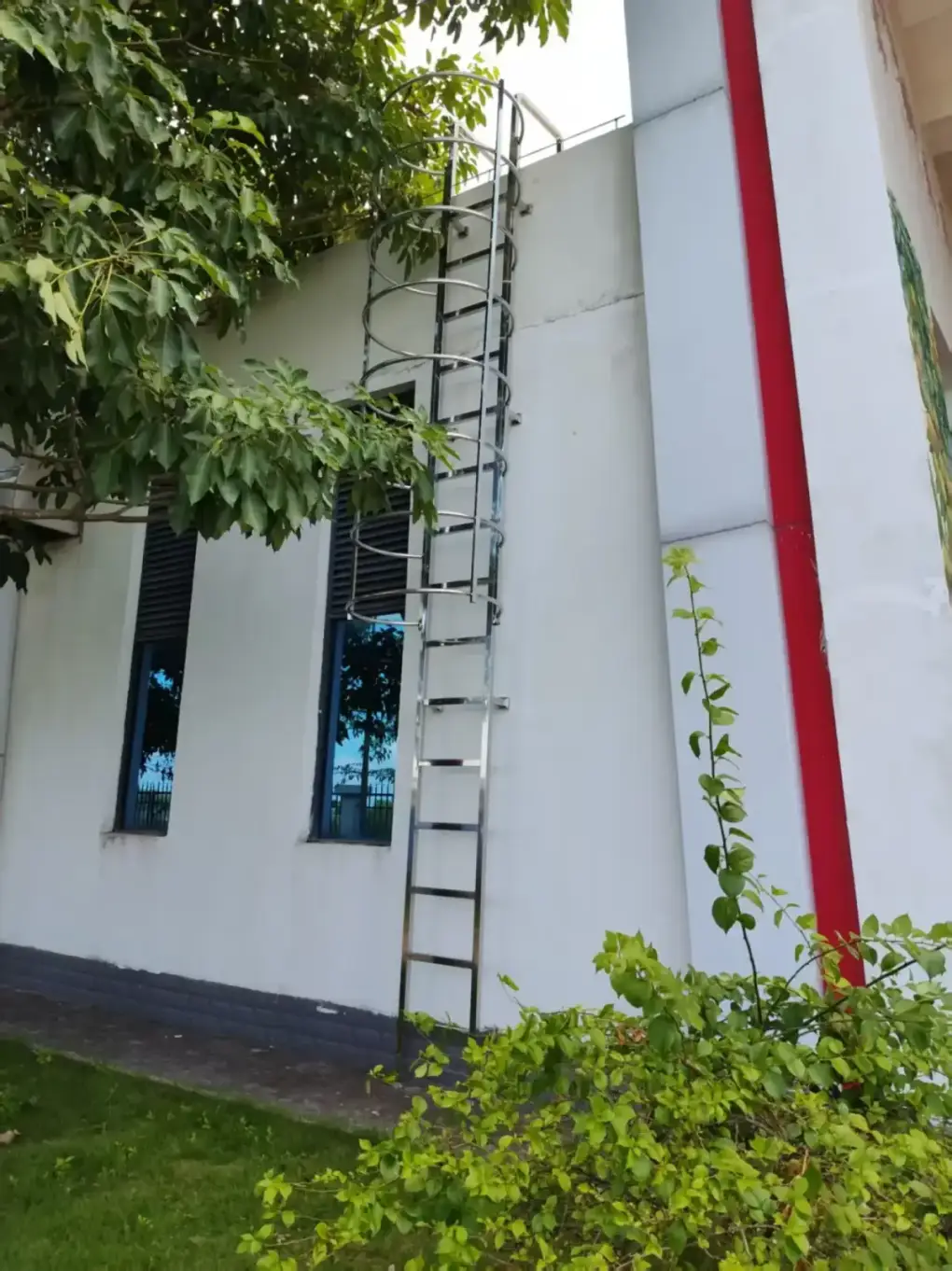 Marine grade stainless steel cat ladder with safety cage on a tank