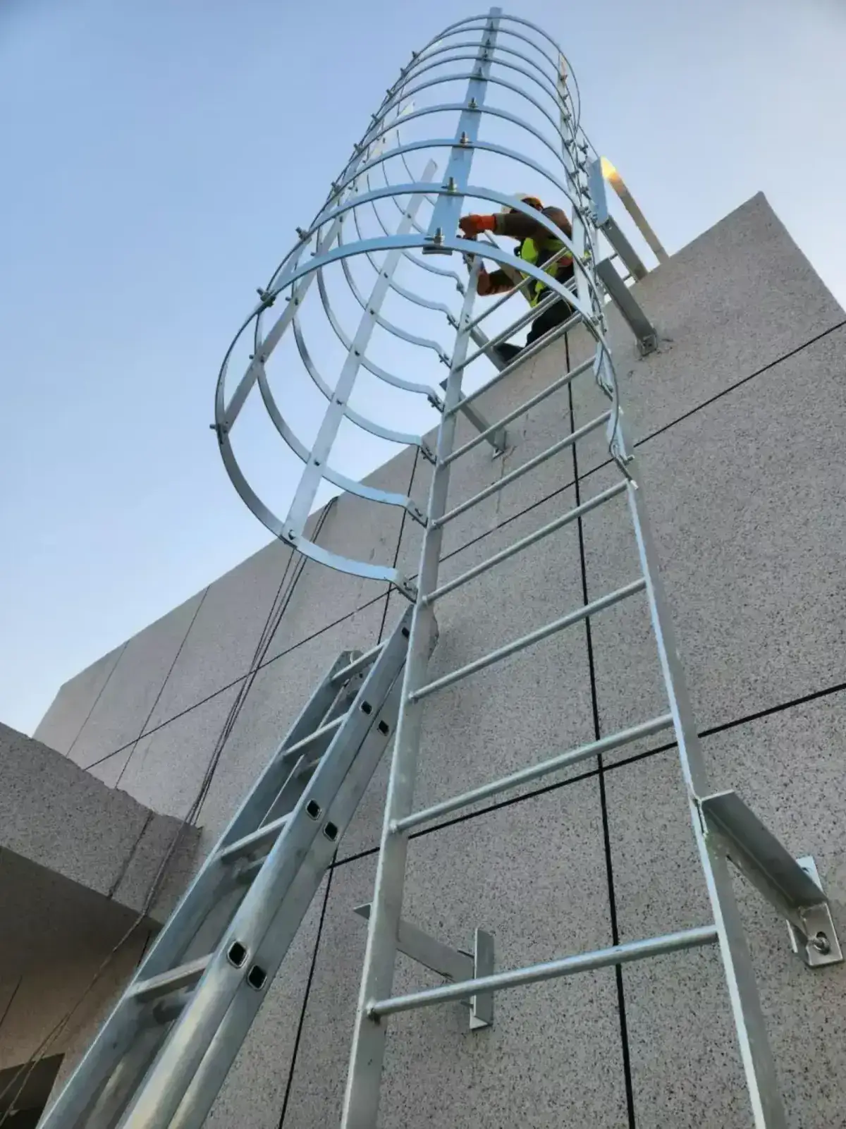 Warehouse cat ladder with safety cage in galvanized steel